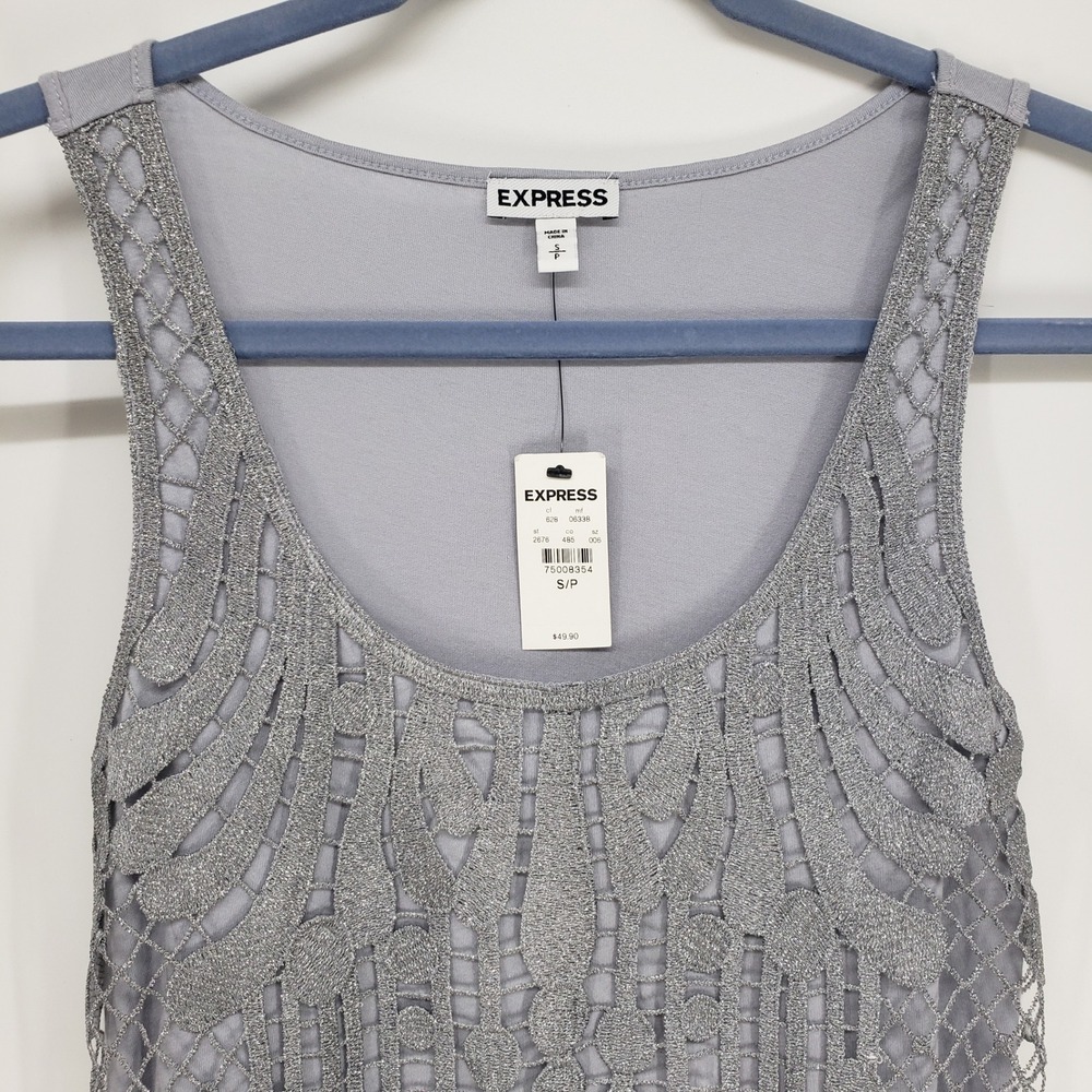 Express Metallic Crochet Tank Top Women Small Silver Scoop Neck Sleeveless New - Picture 5 of 9